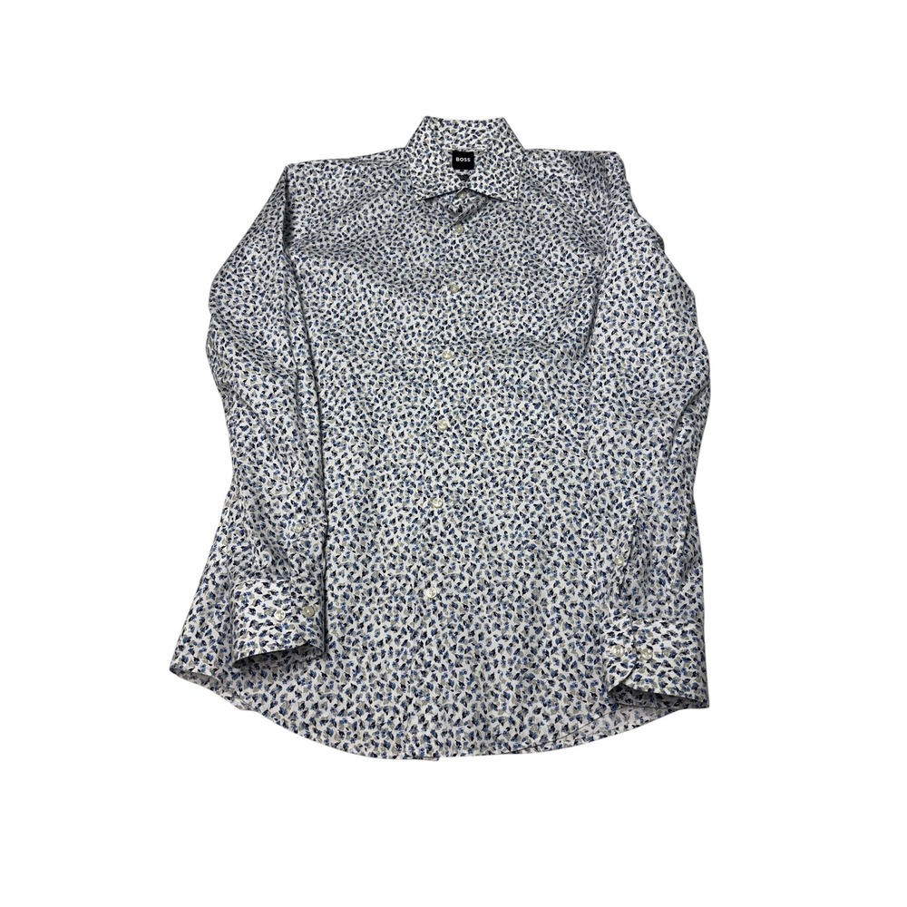 Hugo Boss H-HANK Slim Fit Stretch Shirt Blue Floral Print Mens 38 S 15
